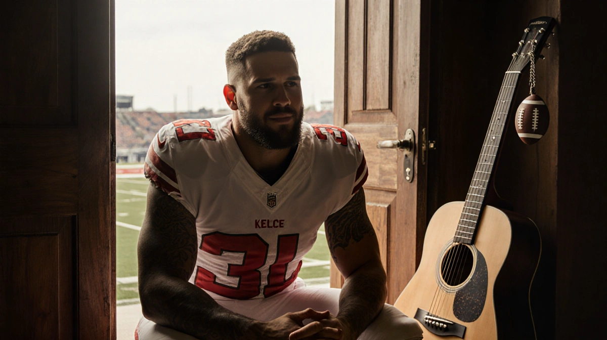 Travis Kelce sits with clasped hands near an ajar wooden door with a football field behind him and a vintage guitar leaning b