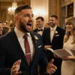 Travis Kelce speaking excitedly to wedding guests with Taylor Swift smiling in the background holding a wedding planning book