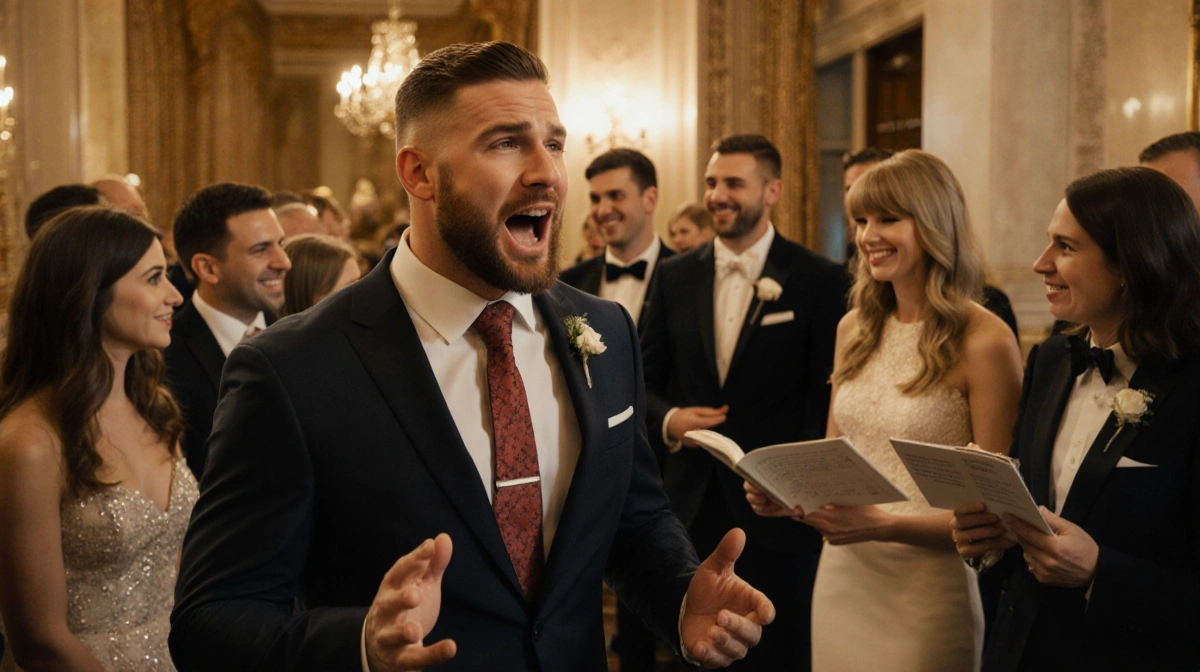 Travis Kelce speaking excitedly to wedding guests with Taylor Swift smiling in the background holding a wedding planning book