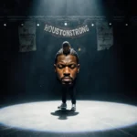 Travis Scott stands alone on the dark Astroworld stage with a spotlight on his face and a faded Houston Strong banner hanging