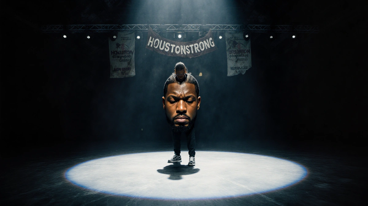 Travis Scott stands alone on the dark Astroworld stage with a spotlight on his face and a faded Houston Strong banner hanging