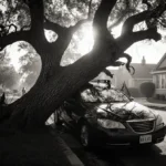 Massive tree trunk crushing sedan with branches tangled in roof rack and sunlight filtering through canopy above