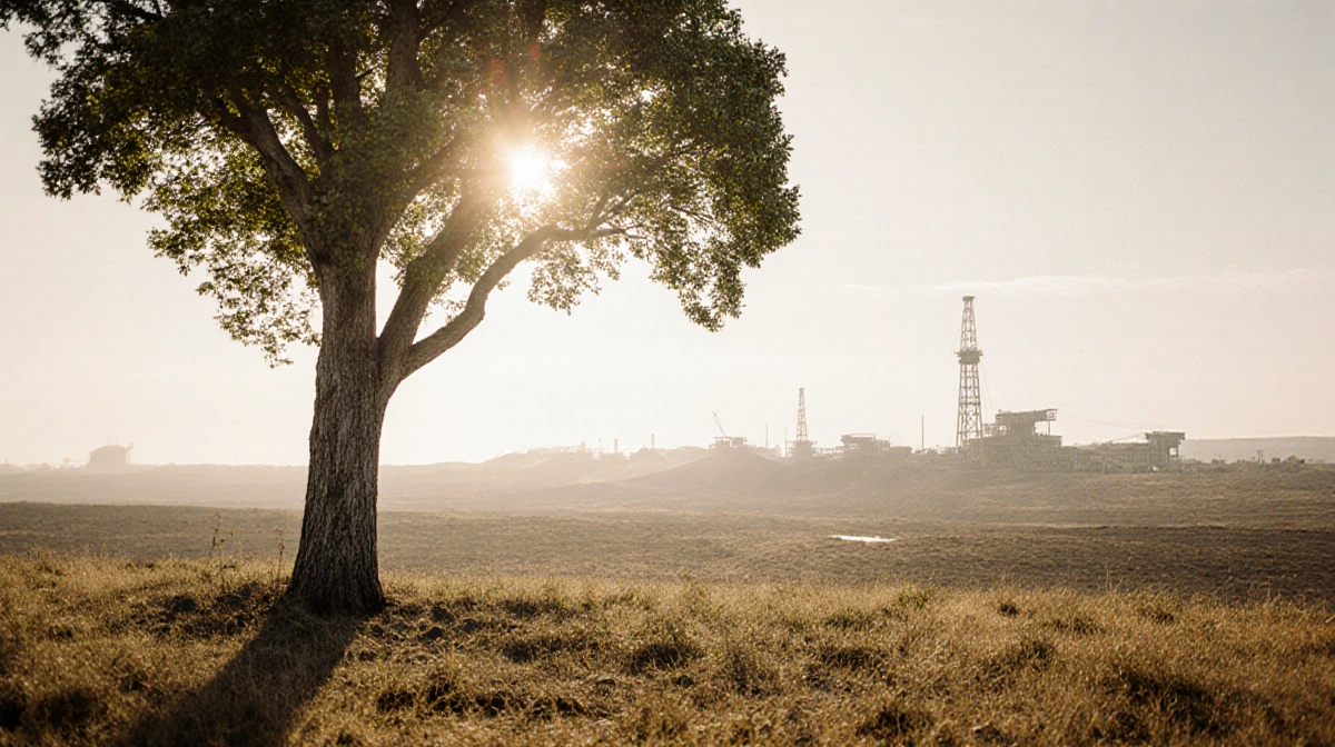 Solitary tree stands resilient with lush green leaves and warm sunlight while distant mining site hints at natural resource e
