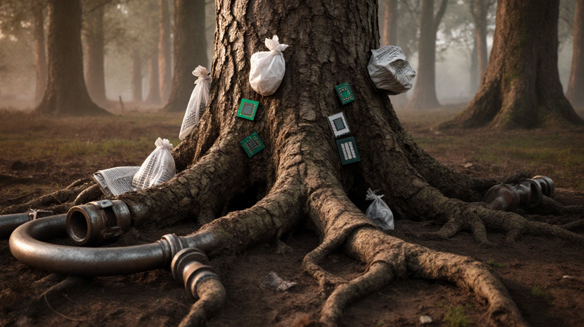 Tree trunk with plastic bags and computer chips embedded in bark showing environmental impact