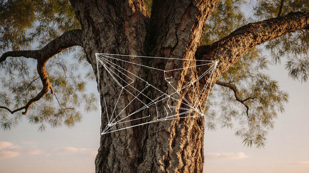 Tree trunk showing gnarled bark and notches with vibrant branches and intertwined threads