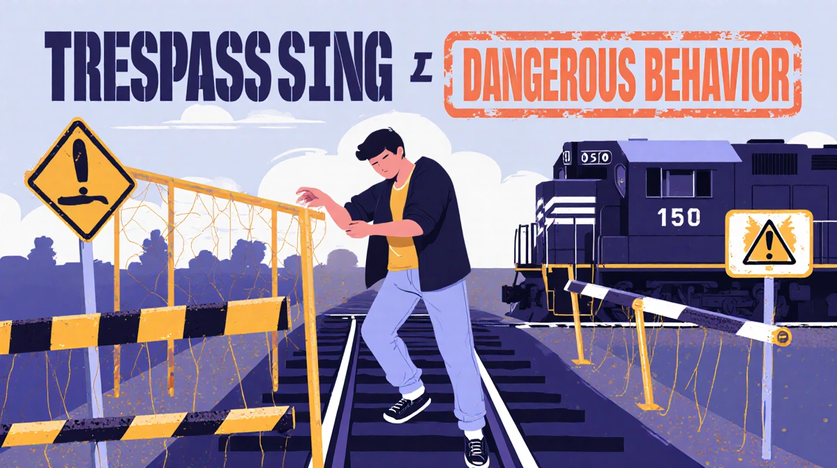 Person stands near railroad tracks holding fence with train warning signs and trespassing danger text visible