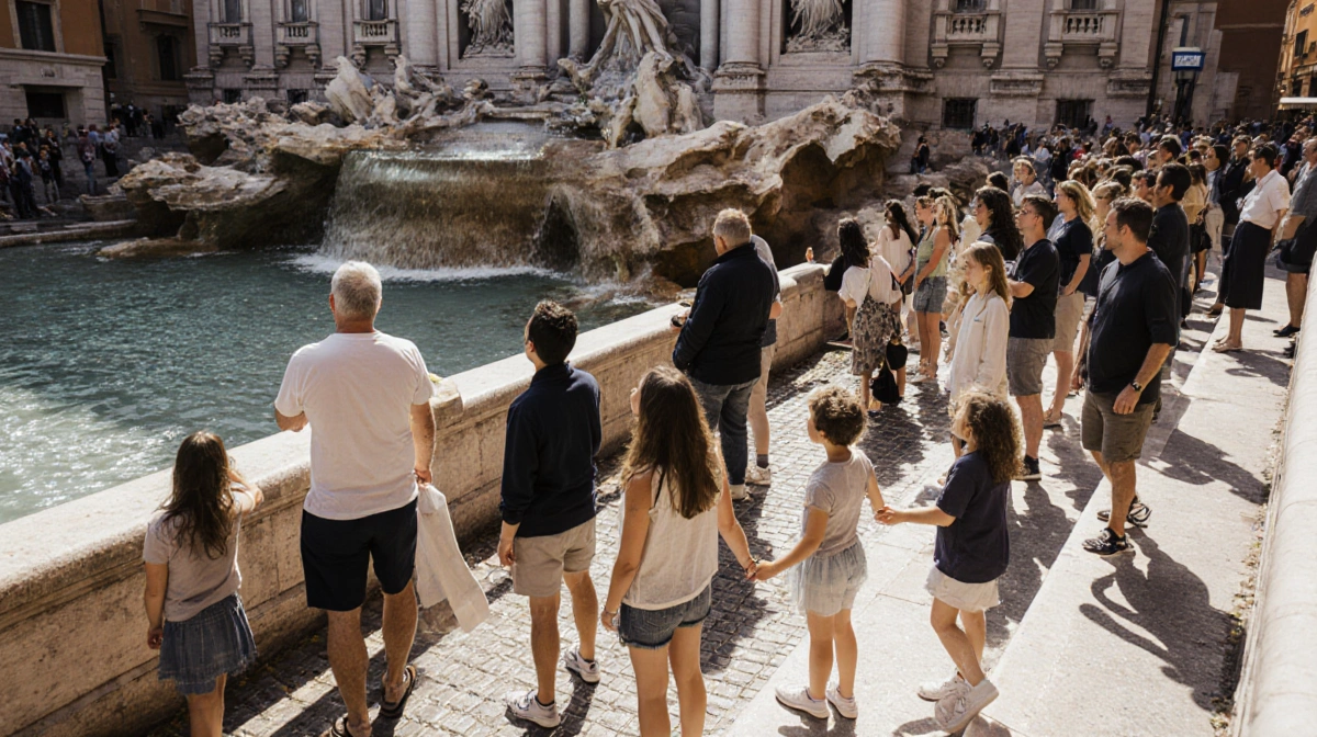 Tourists standing on Trevi Fountain steps looking up with warm sunlight and baroque fountain in background