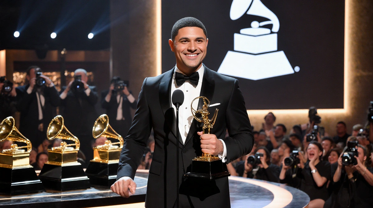 Trevor Noah holding Grammy Award with stage lights and trophies behind him