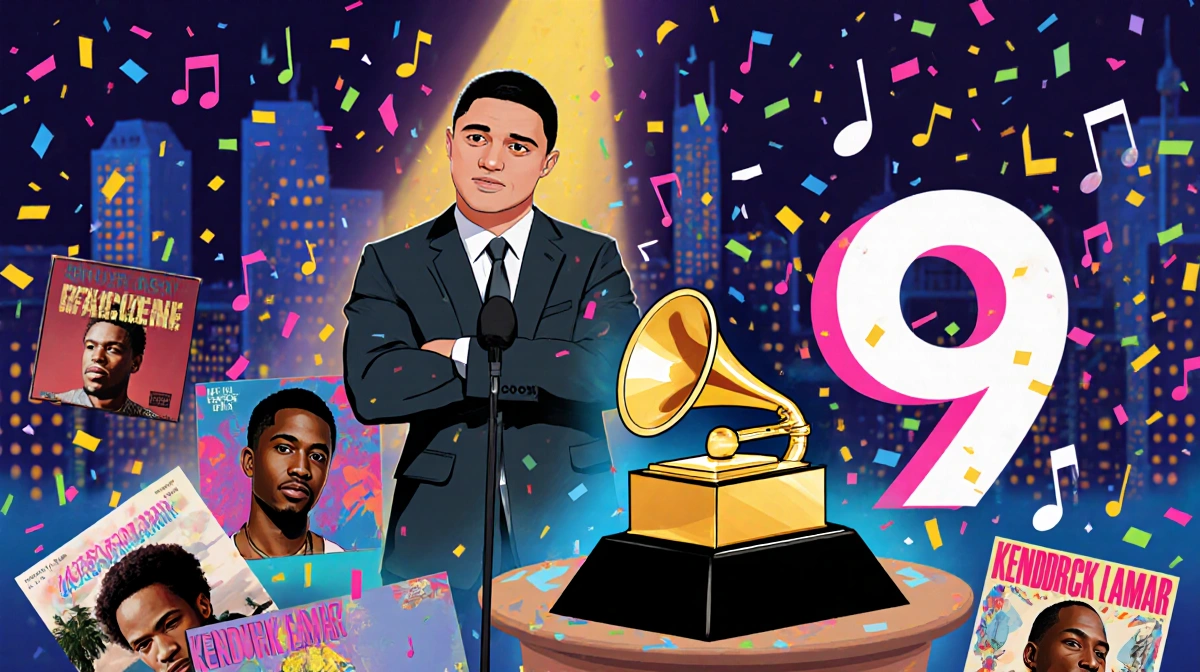 Trevor Noah speaking at Grammy podium with music notes turning into confetti and Kendrick Lamar album covers at his feet