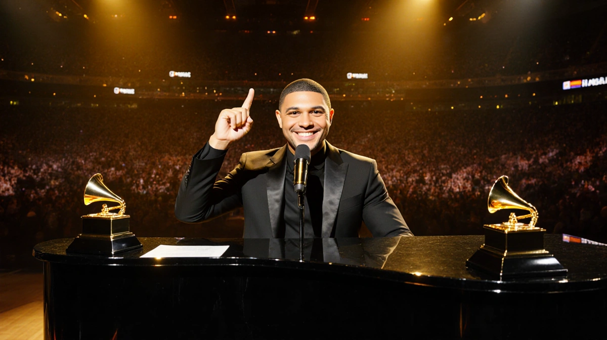 Trevor Noah playing piano with Grammy awards and microphone showing his confident smile