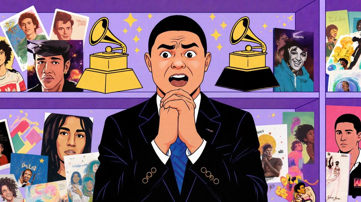 Trevor Noah celebrating with Grammy awards on shelf and fan art around him