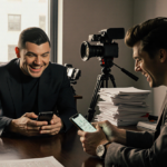 Trevor Noah laughing while texting with Harry Styles at a conference table with Grammy production backdrop