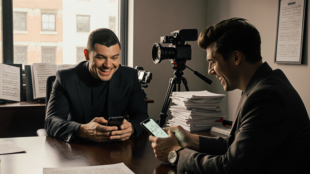 Trevor Noah laughing while texting with Harry Styles at a conference table with Grammy production backdrop