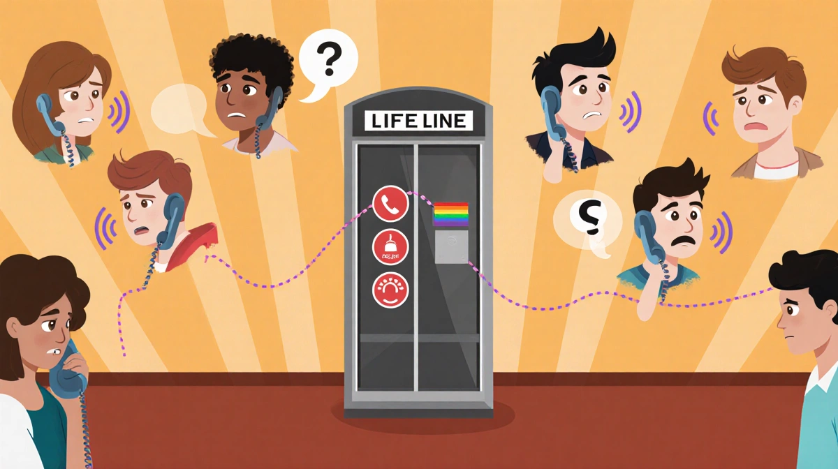 LGBTQ+ crisis hotline ringing with young people waiting and concerned staff ready to help with warm supportive lighting