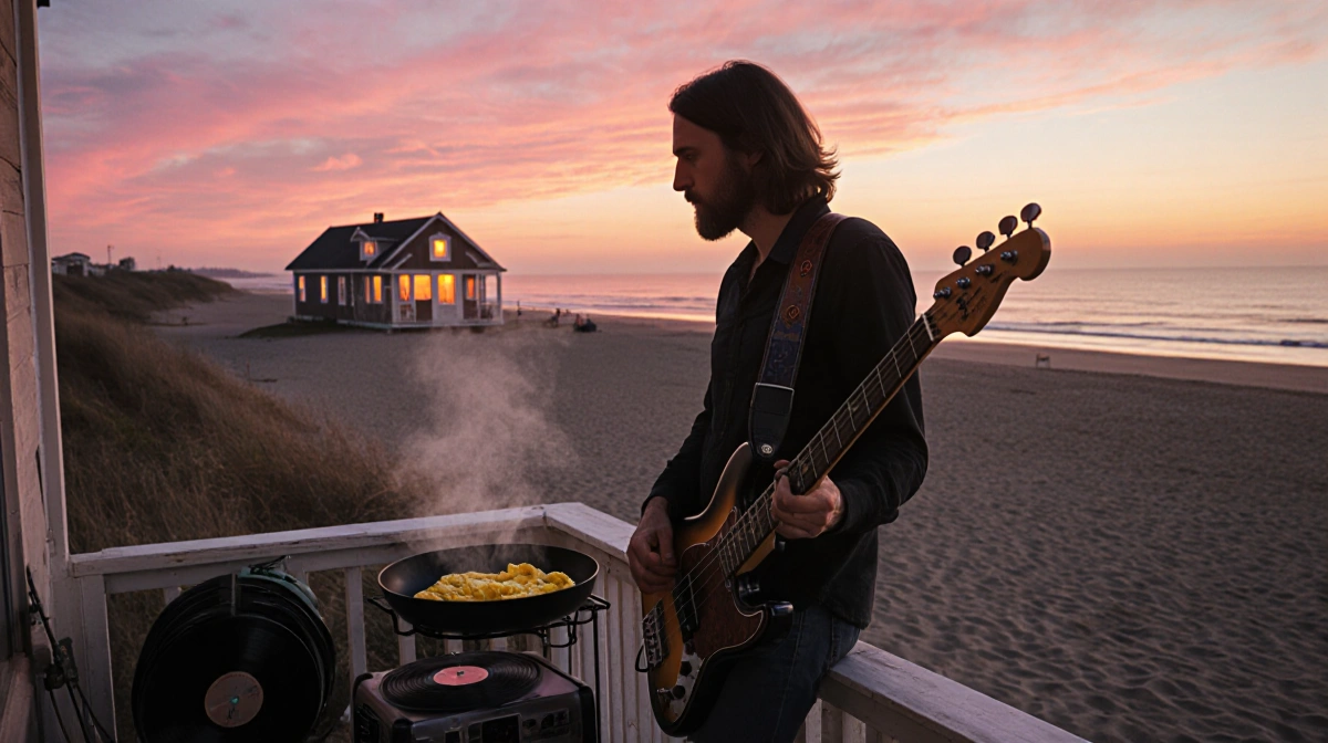 Trey Anastasio stands on beach at sunset with guitar and glowing beach house in distance