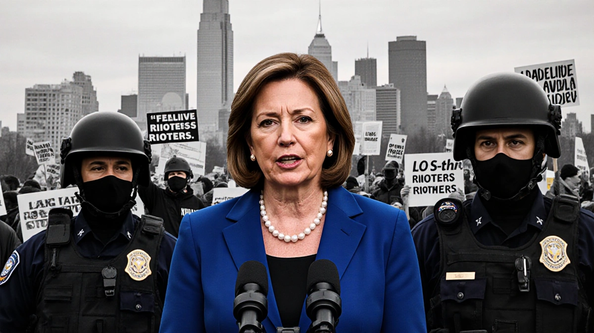 Assistant Secretary Tricia McLaughlin speaks at podium with Minneapolis skyline behind her and federal officers in riot gear 