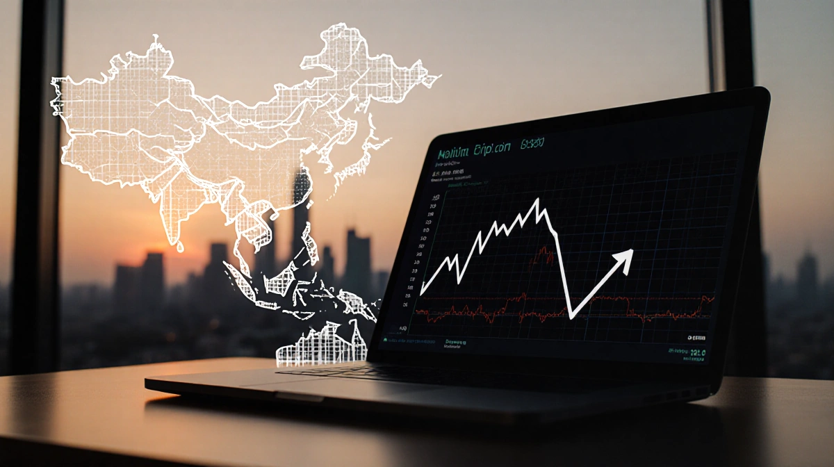 Laptop screen showing Trip.com stock ticker with falling graph lines and blurred China skyline at sunset