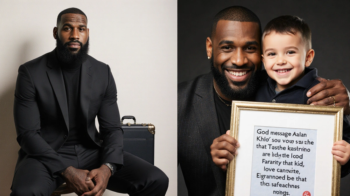 Tristan Thompson sits beside legal papers with his son Tatum holding framed photo showing fatherhood journey