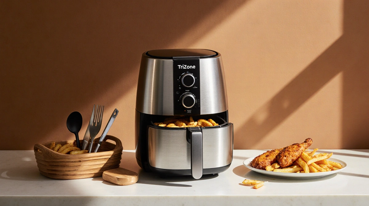 TriZone air fryer sits on counter with golden chicken and wooden basket showing crispy results