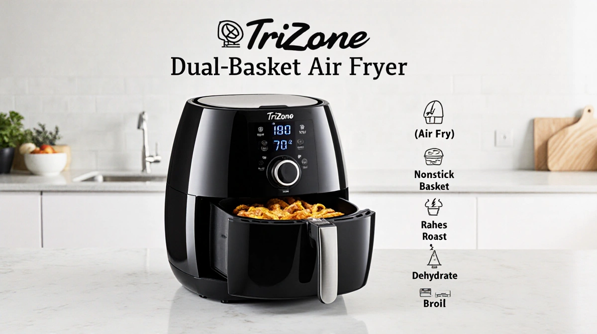 TriZone dual-basket air fryer sits on counter with 4-quart capacity and temperature range showing versatile cooking presets