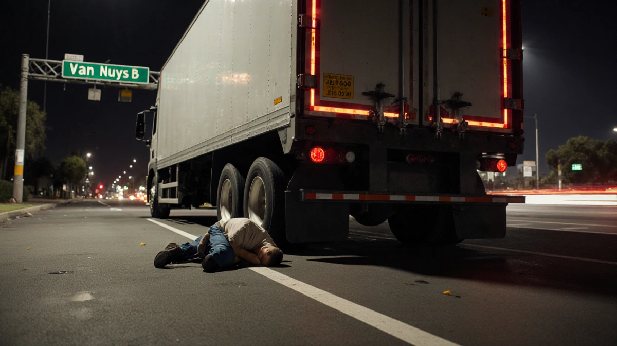 Semi-truck backing over sleeping person with wheels visible near Van Nuys Boulevard