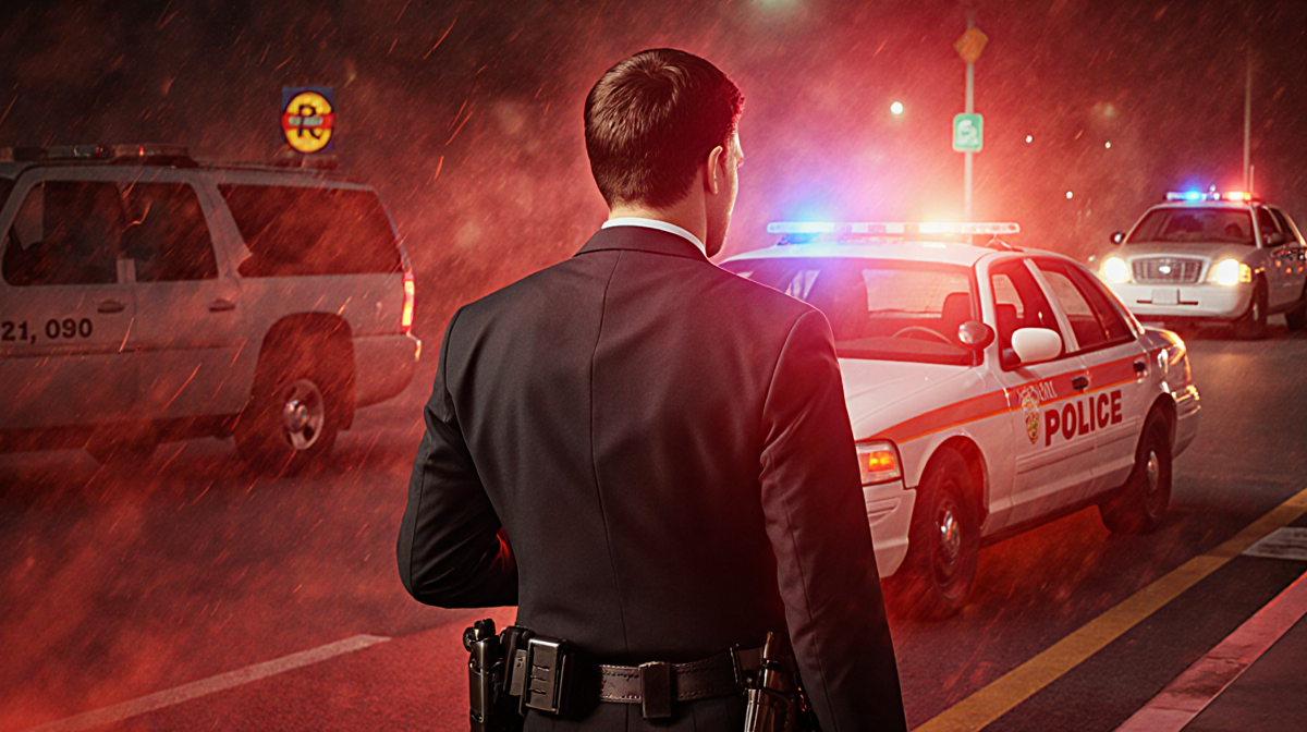 Writer typing reply with laptop screen showing crime headline and a question on whiteboard.