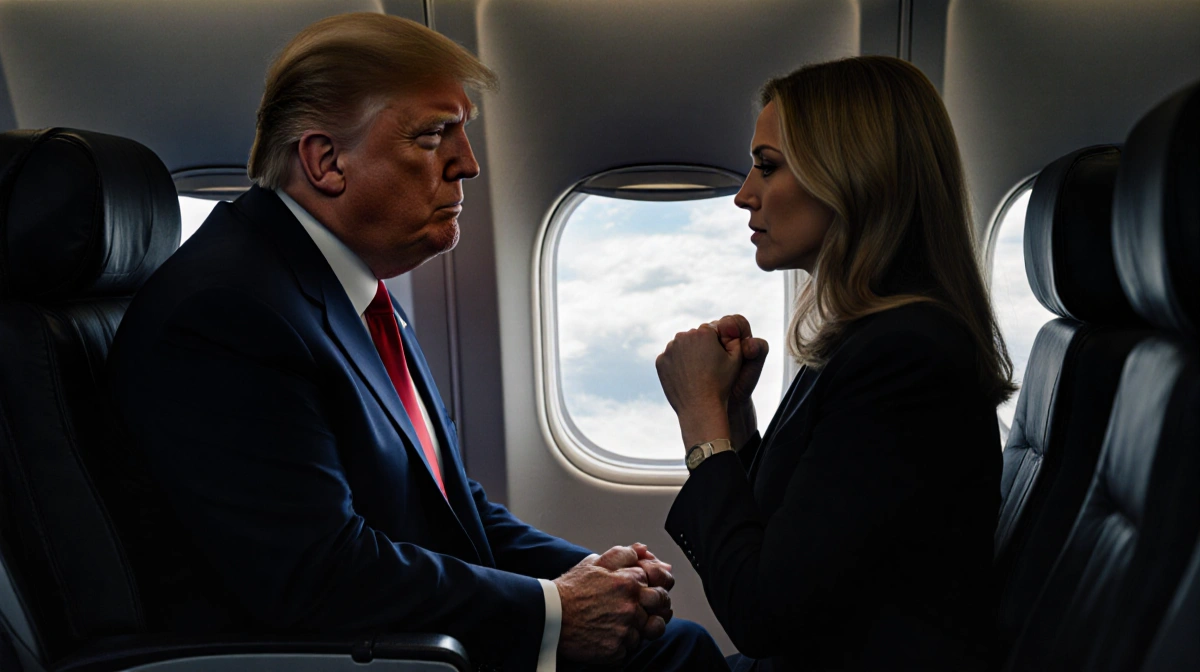 Donald Trump gripping Air Force One seat with Kayleigh McEnany clenching fists showing tense political moment