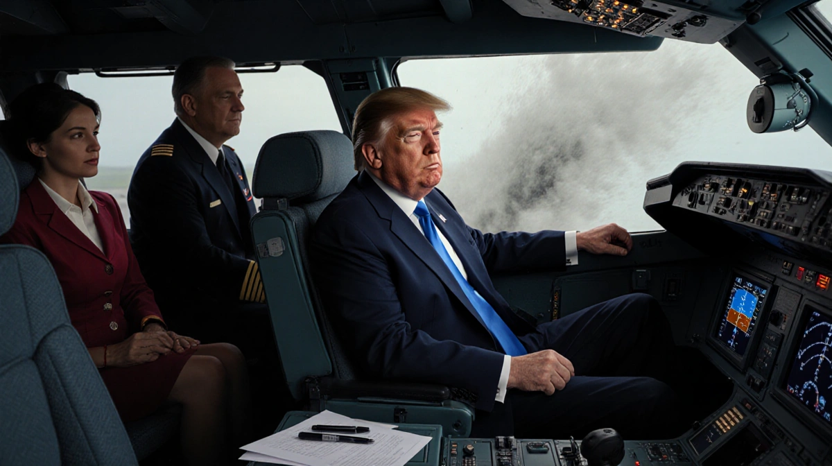 Donald Trump gripping armrests in Air Force One cockpit with turbulence visible through window