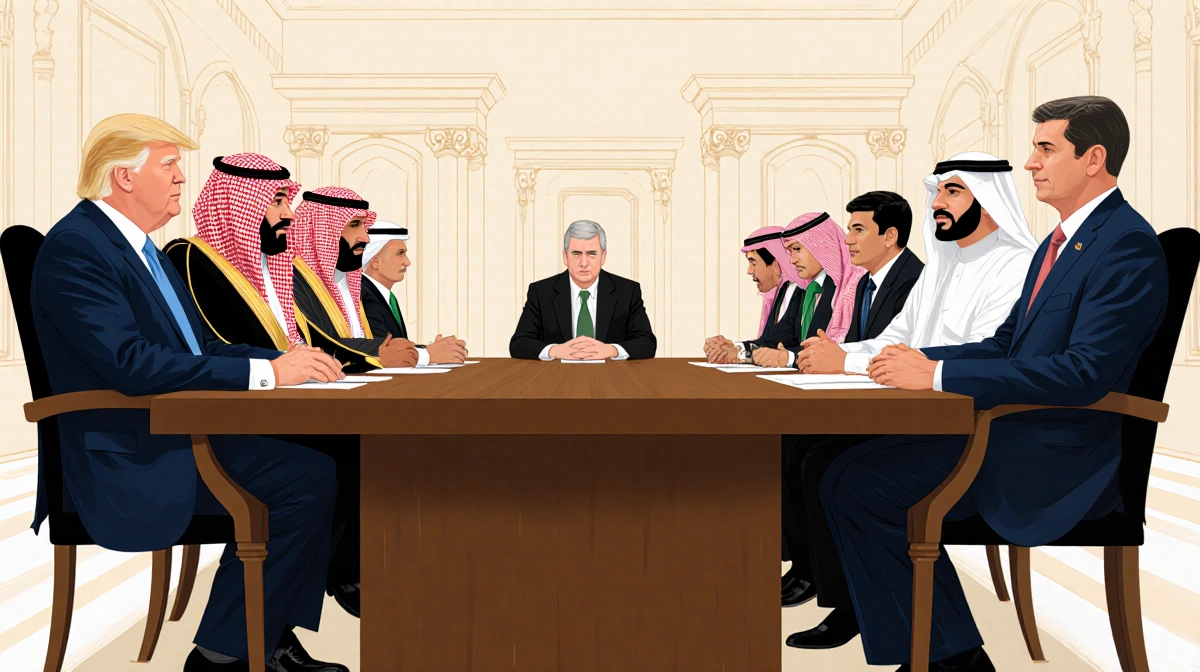 Eleven diverse leaders sit around conference table with Middle Eastern architecture and diplomatic attire showing internation