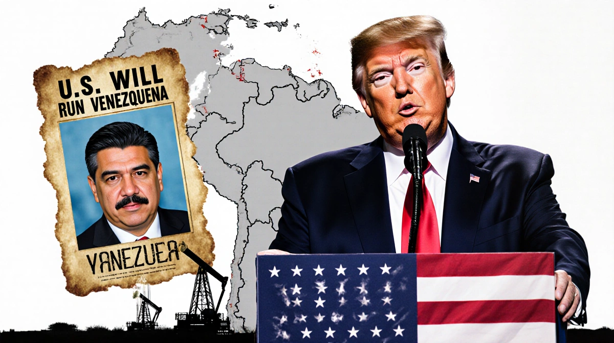 President Trump stands at podium with 'U.S. Will Run Venezuela' and map of Venezuela backdrop while a magnifying glass shows 