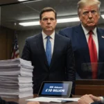 A stern lawyer stands beside towering evidence documents with a tablet showing the £10 billion Trump lawsuit amount