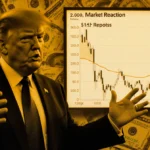 President Trump gesturing confidently with Bitcoin price chart showing $94K and dollar bills in background