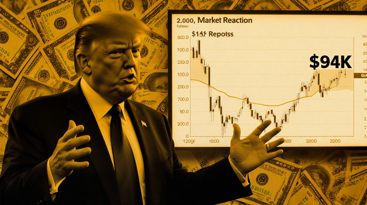 President Trump gesturing confidently with Bitcoin price chart showing $94K and dollar bills in background