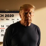 Donald Trump stands before March 2020 calendar with confused expression showing presidential seal behind