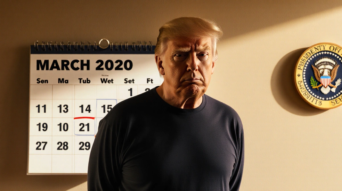Donald Trump stands before March 2020 calendar with confused expression showing presidential seal behind