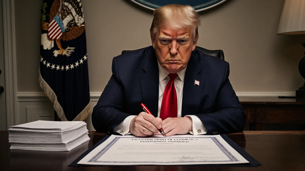 Trump signing executive clemency document with presidential seal visible behind desk