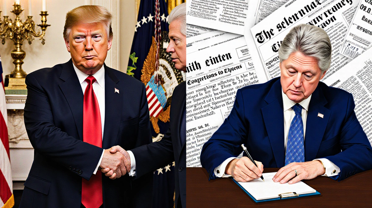 Trump shaking hands with Epstein in luxury room with Clinton reviewing documents showing Epstein investigation headlines