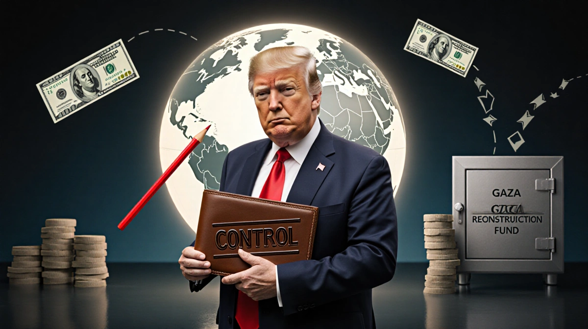 Donald Trump holding a leather wallet with Control stamp and pointing at an illuminated globe with dollar bill visible behind