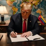 Trump signs Cuba proclamation at desk with Cuban flag papers and Venezuelan flag visible behind