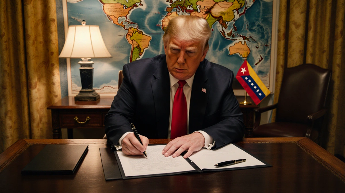 Trump signs Cuba proclamation at desk with Cuban flag papers and Venezuelan flag visible behind