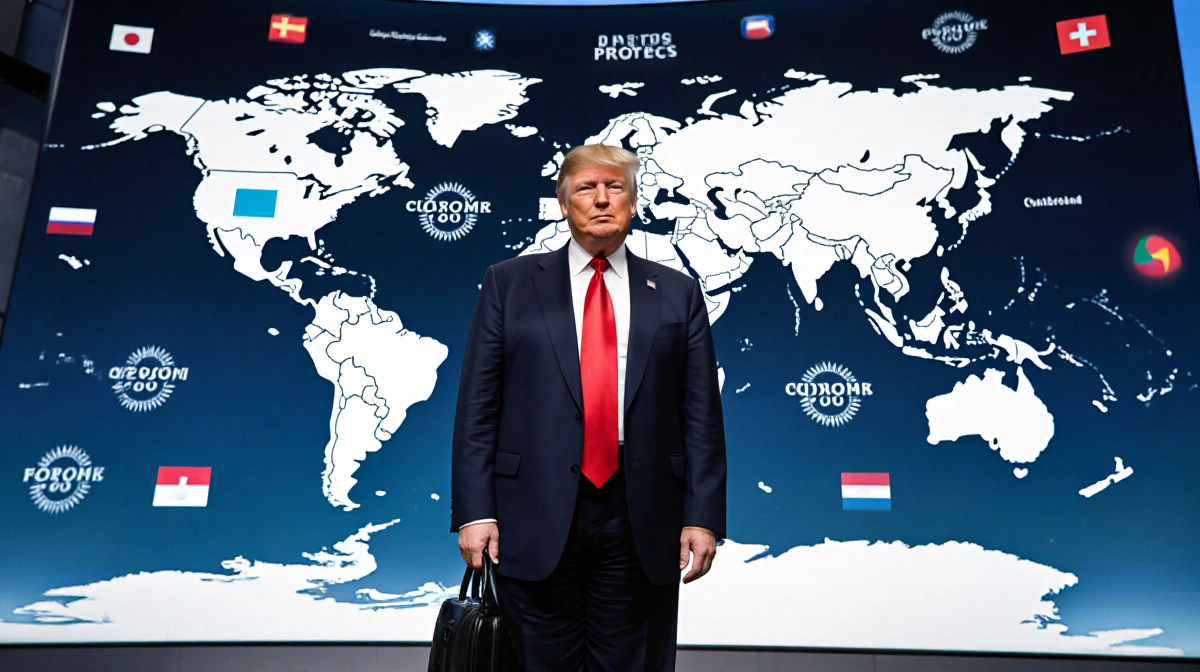 Donald Trump stands before a world map with Davos highlighted while holding housing market documents and briefcase