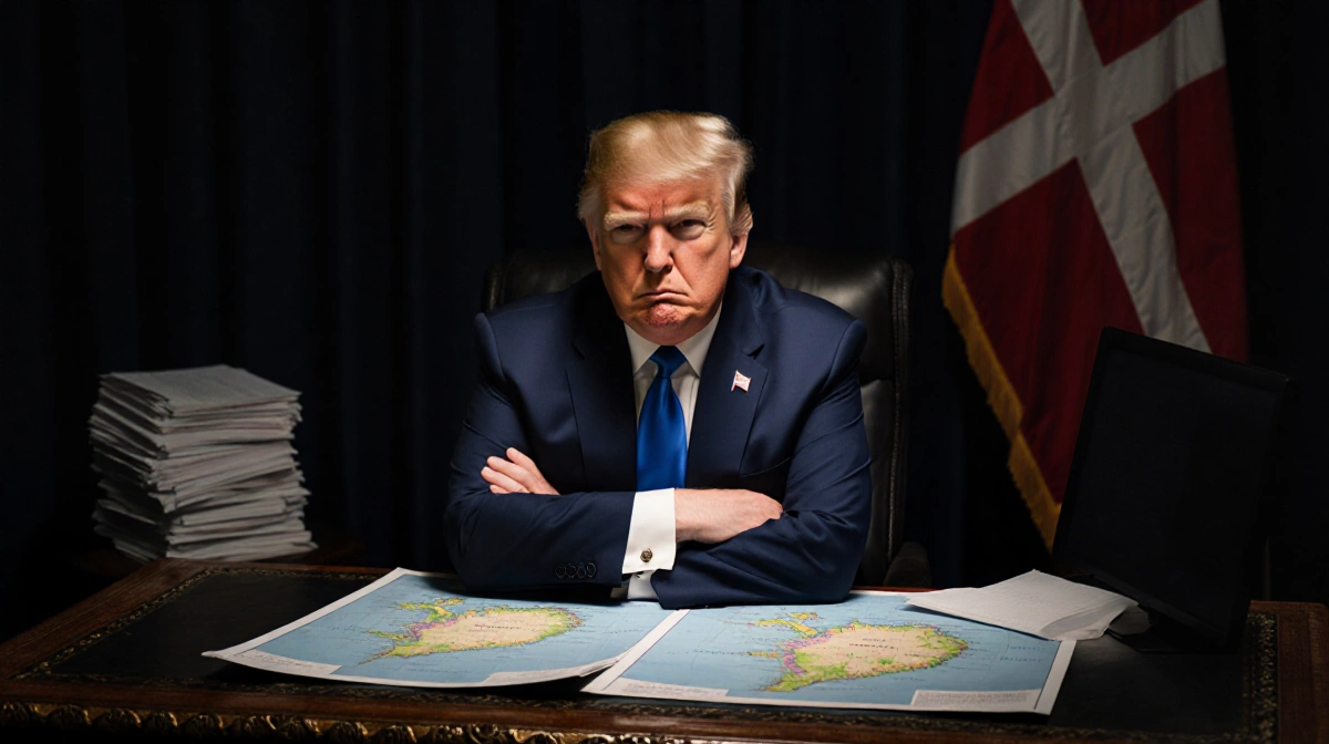 Donald Trump sits with arms crossed behind desk with Greenland and Denmark maps showing disdain