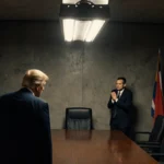 Two figures confront across a worn wooden table with diplomatic flags behind them under flickering light