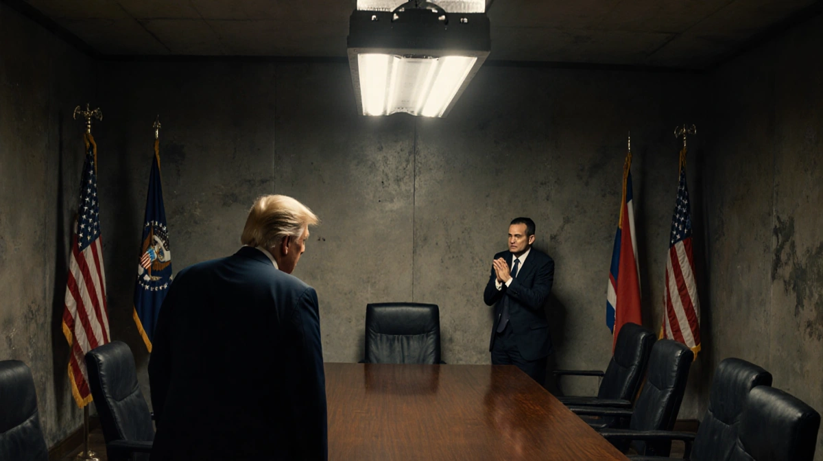 Two figures confront across a worn wooden table with diplomatic flags behind them under flickering light