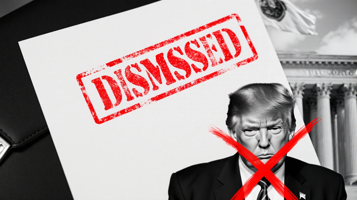 Court briefcase stamped with red Dismissed near blurred Florida flag with Trump's face marked out showing legal victory