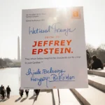 Large birthday card from Trump to Epstein stands on National Mall with tourists and security guards nearby