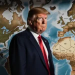 Donald Trump stands before an old European map with Greenland visible showing determination and frustration