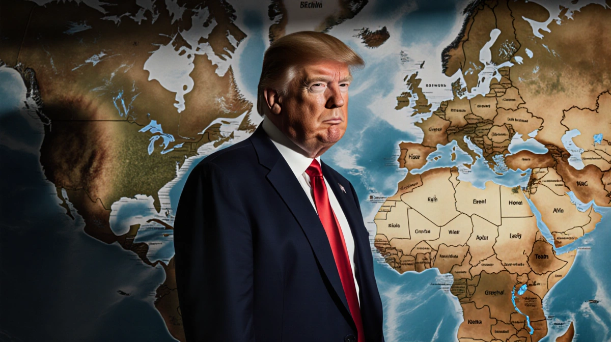Donald Trump stands before an old European map with Greenland visible showing determination and frustration
