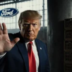 Donald Trump gesturing dismissively at a heckler with factory backdrop and dramatic lighting