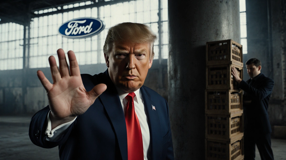 Donald Trump gesturing dismissively at a heckler with factory backdrop and dramatic lighting